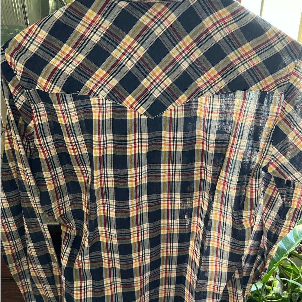 Vintage 70s Men's Plaid Pearl Snap Shirt Size 38 Blue Yellow Americana 38 Unisex - Picture 11 of 17